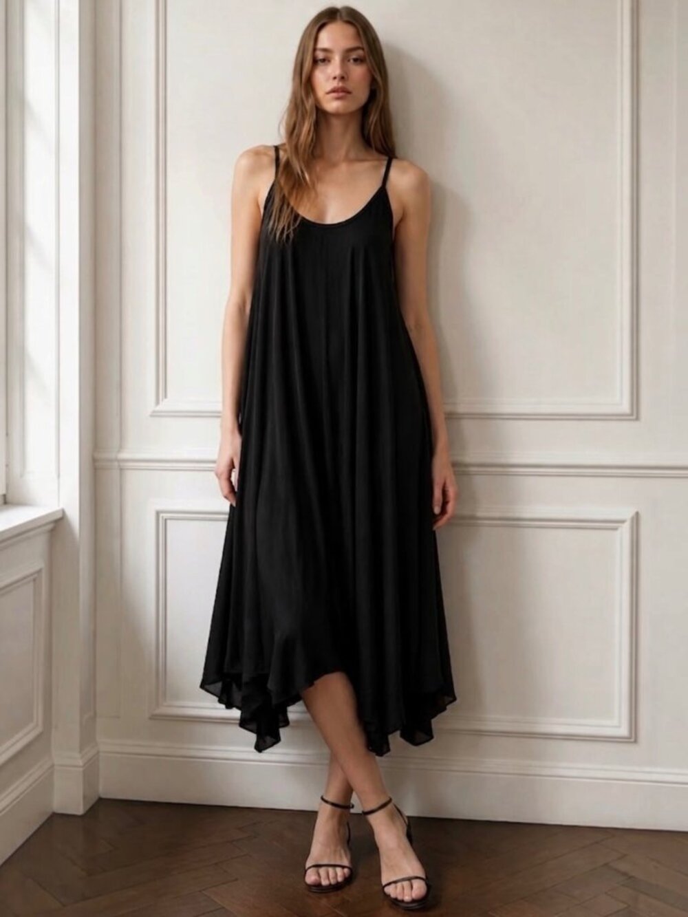Meo Meli Silk Blend Asymmetric Black Slip Midi Dress M Minimalist Italian